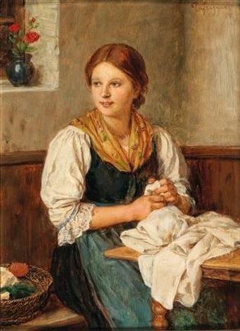 A Young Girl in Traditional Costume Sewing at Home by Franz Von Defregger