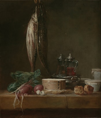 Still Life with Fish, Vegetables, Gougères, Pots, and Cruets on a Table