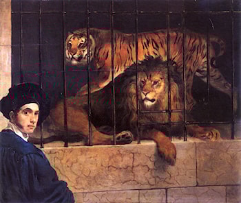 A Lion and a Tiger in a Cage with a Portrait of the Artist