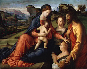Madonna dol Bambino, san Giovanni, santa Barbara e committente