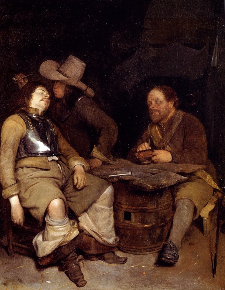 A Guard Room Interior, With A Soldier Blowing Smoke In The Face Of His Sleeping Companion, A Third Looking On by Gerard ter Borch