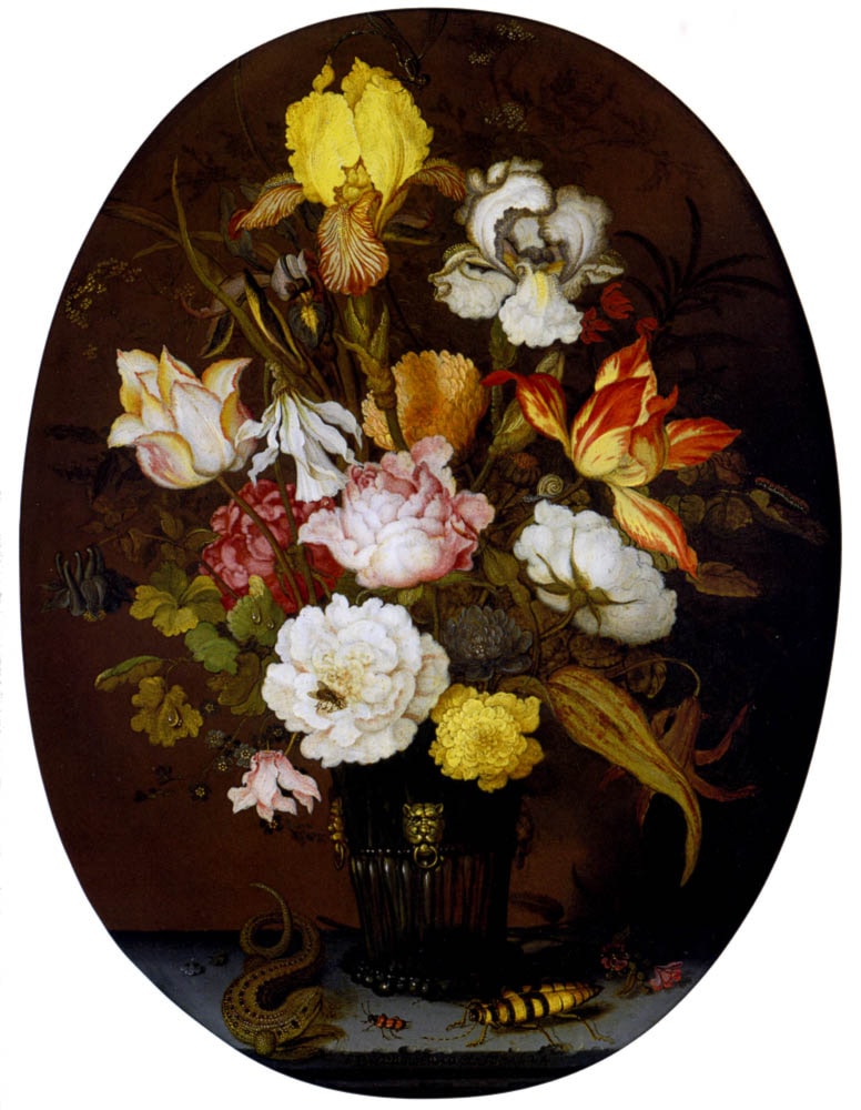 A Still life of roses, irises, tulips, narcissi and other flowers, in a