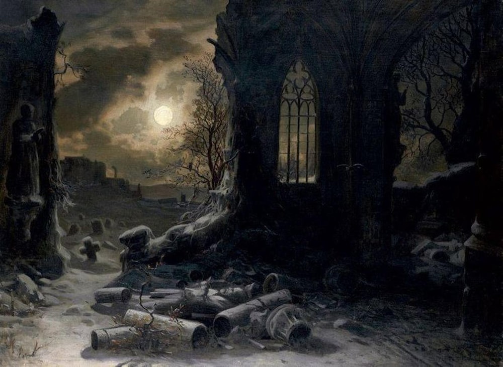 Ruins of a Gothic Chapel at Full Moon Night by Felix Kreutzer